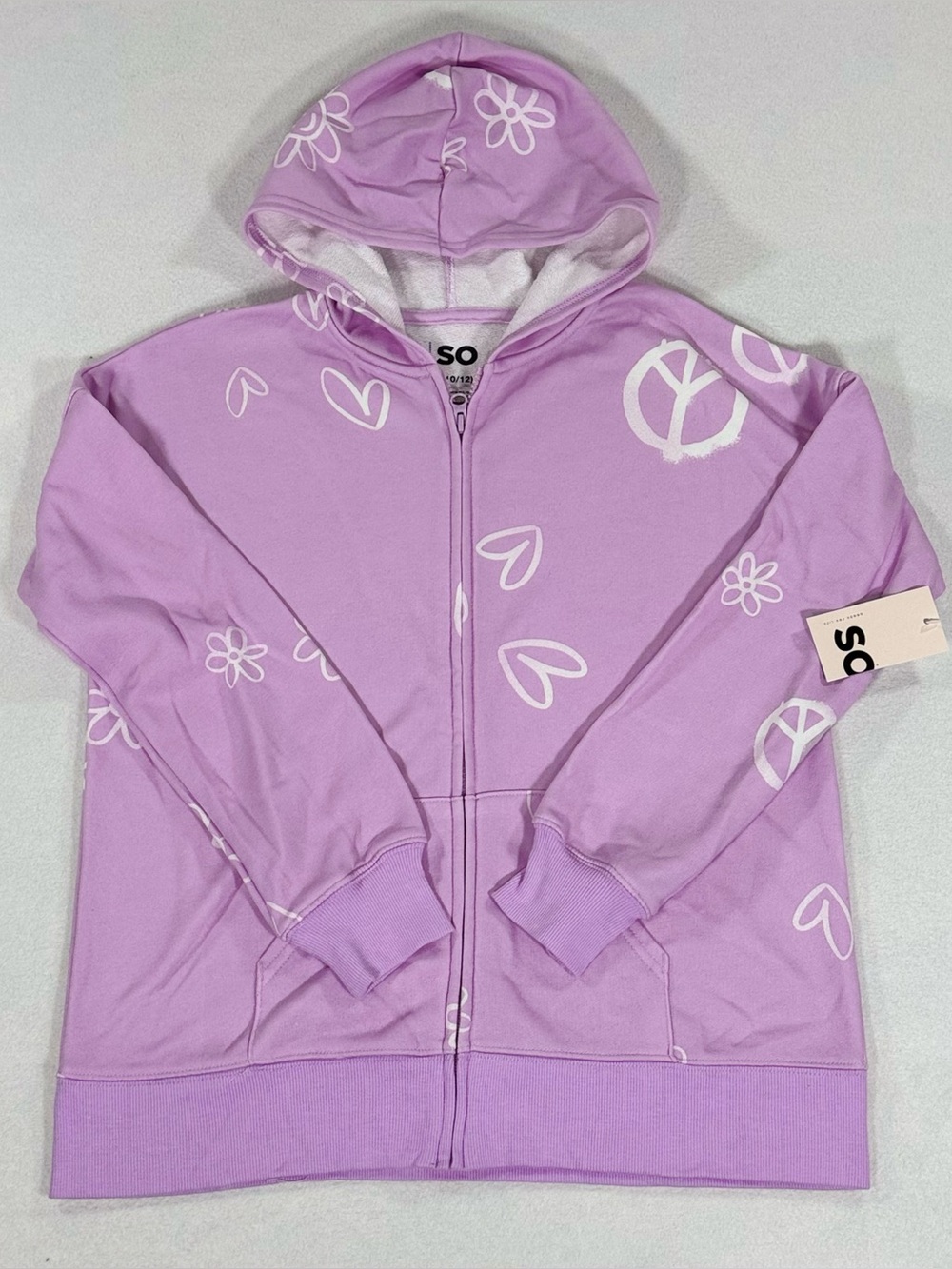 SO Girls Purple Full Zip Hoodie Peace Heart Flower Graphic Size L 10/12